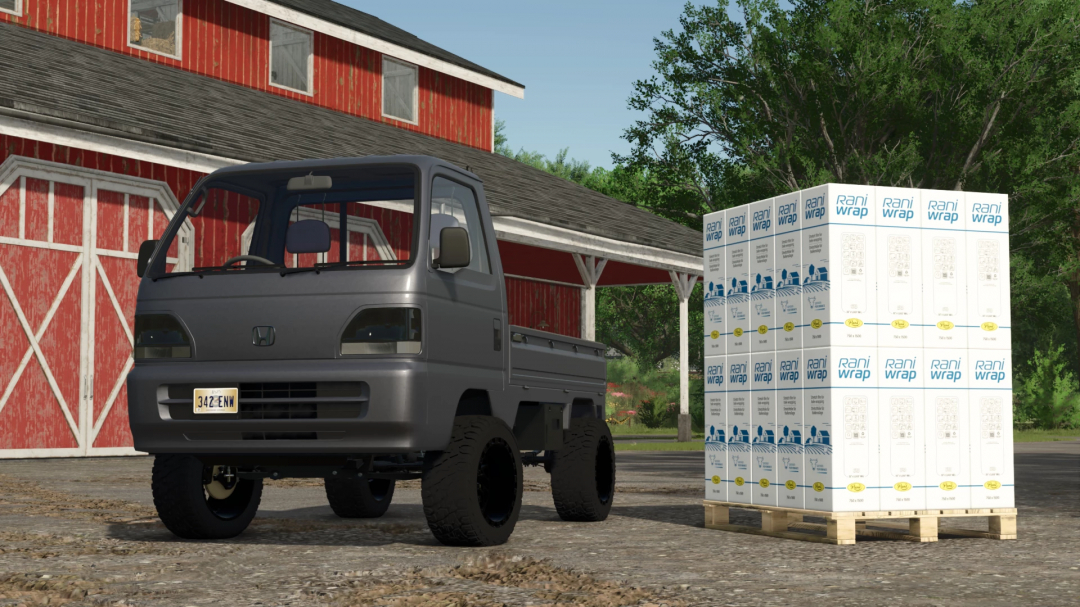 A gray Honda Acty mini truck mod from Farming Simulator 25, parked beside a pallet of Rani Wrap on a farm setting.