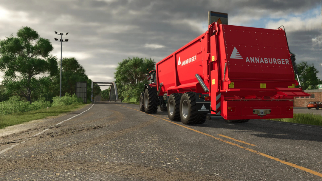 Farming Simulator 25 mod: Red Annaburger feed mixer trailer on a rural road, showcasing Ingame Time Operating Hours v1.0.1.0.