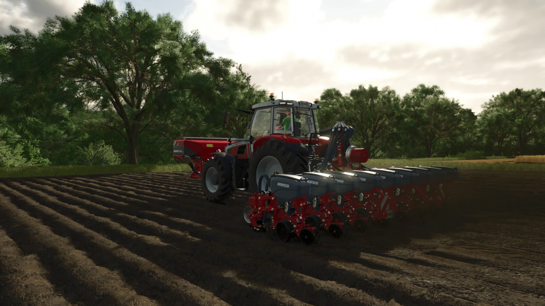 Farming Simulator 25 mod: Red tractor with soil tillage equipment working on a field in ingame time system.