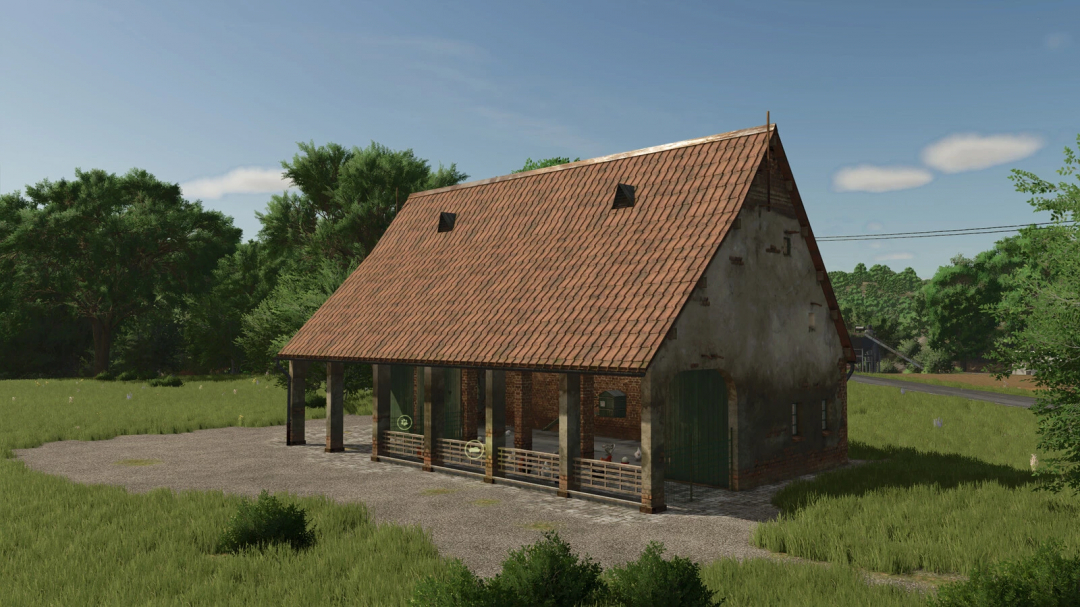 Ivoy Chicken Coop v1.0.0.0 mod in Farming Simulator 25, a rustic chicken coop with a tiled roof and open front, set in a rural landscape.
