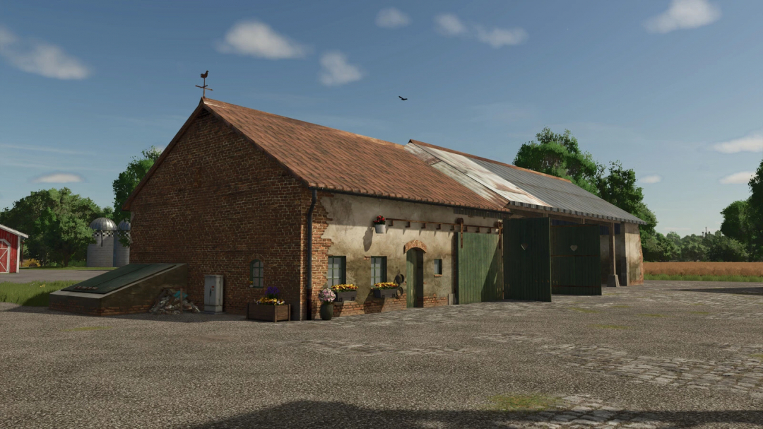 Ivoy Farm Garage v1.0.0.0 in Farming Simulator 25, featuring a rustic brick and wood barn with plants and garage doors.