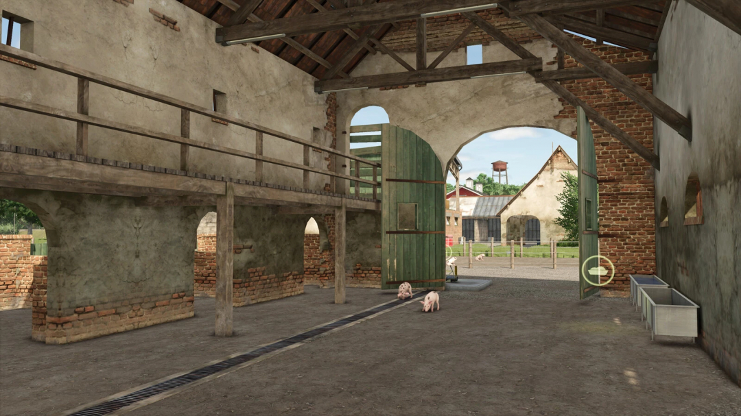 Inside a barn in Farming Simulator 25 with pigs, showcasing rustic walls and open barn doors as part of the Ivoy Piggery mod.