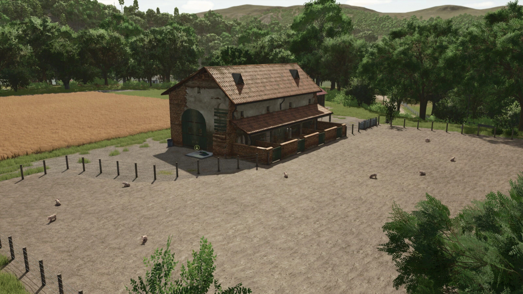 Farm building in Farming Simulator 25 mods, Ivoy Piggery v1.0.0.0, with pig pens and surrounding fields and trees.
