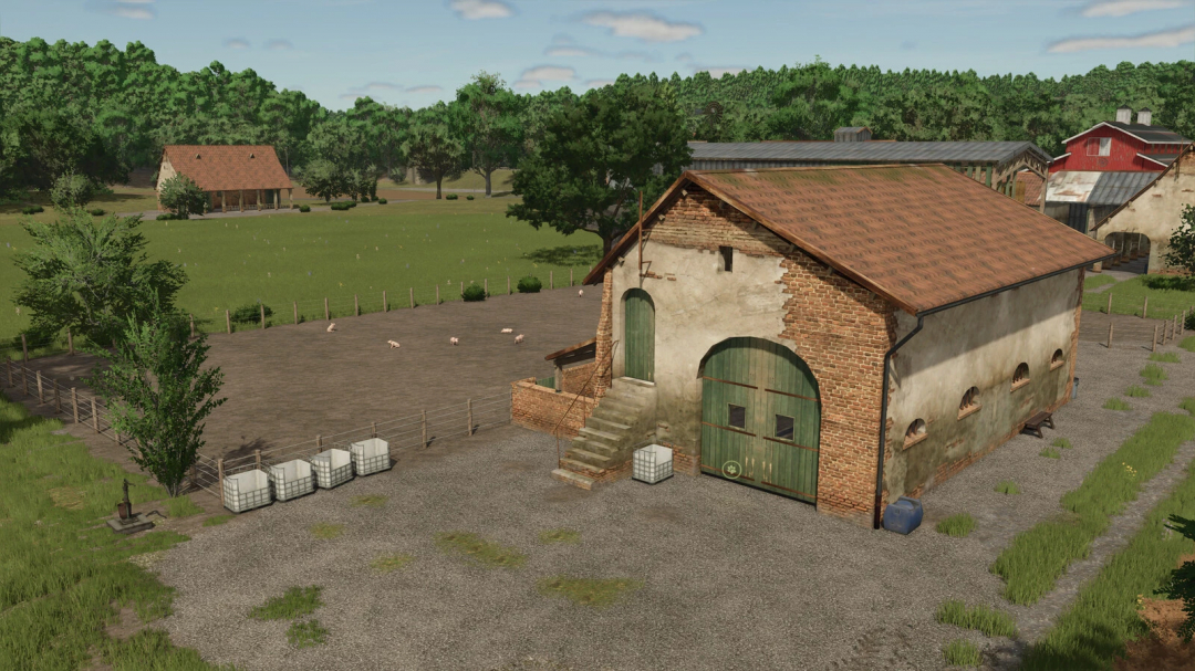 Farming Simulator 25 mod: Ivoy Piggery v1.0.0.0, an agricultural building with green doors, stairs, and pig pens, suited for farming gameplay.