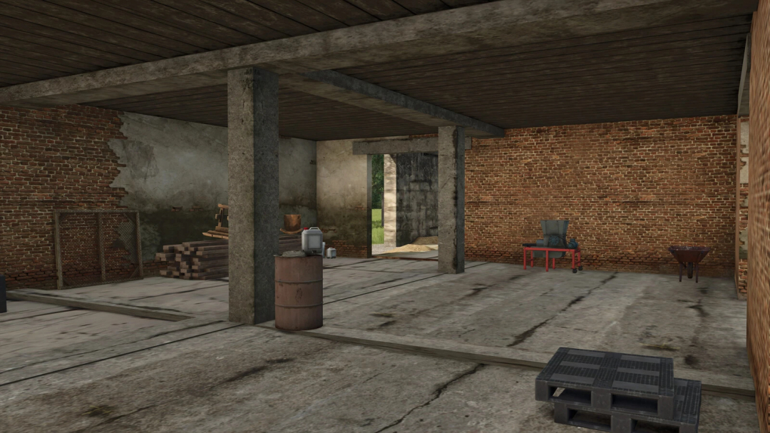 Farming Simulator 25 mod featuring Ivoy Straw Hangar v1.0.0.0 in an industrial storage area with pallets, barrels, and farming equipment.