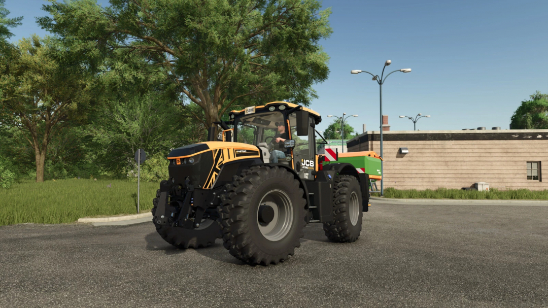 Farming Simulator 25 mod: JCB Fastrac 4000 ICON v1.1.0.0 tractor on a city street with trees and streetlights, showcasing farming simulator mods.