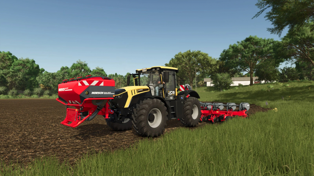 Farming Simulator 25 mod featuring a JCB Fastrac 4000 tractor with a HORSCH sprayer attached, working on a field with greenery and trees.