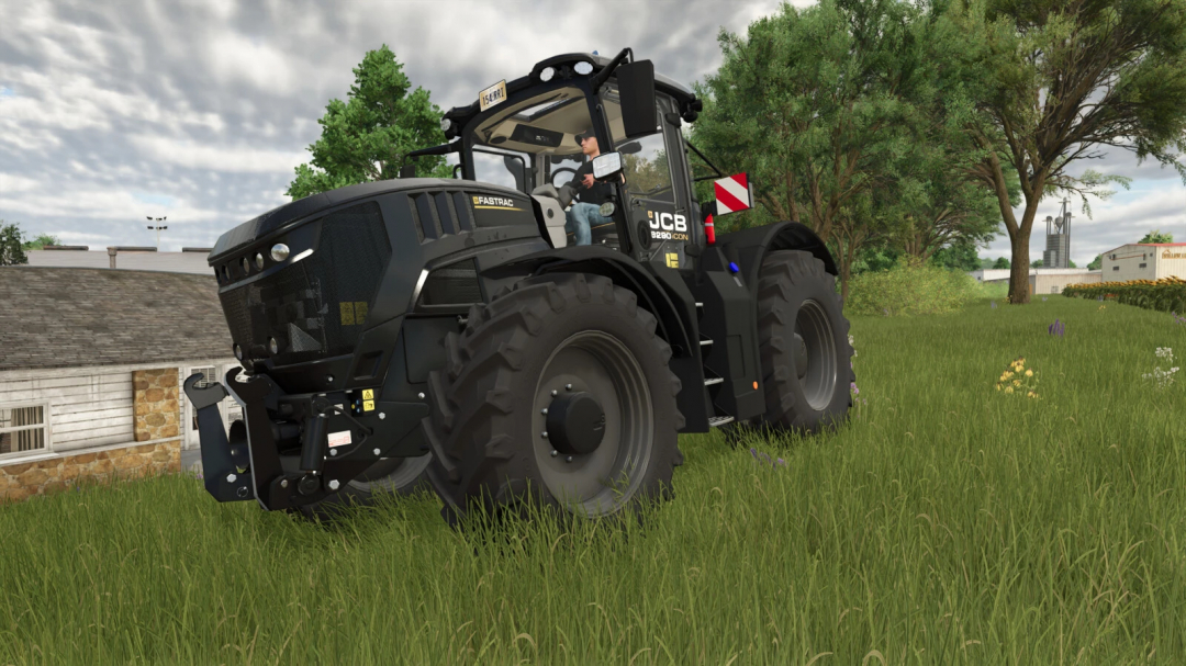 Farming Simulator 25 mod featuring the JCB Fastrac 8000 ICON in a grassy field with farm buildings and trees, showcasing realistic tractor details.