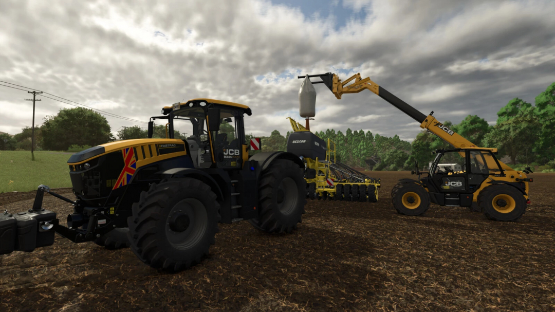 Farming Simulator 25 mod scene with a JCB Fastrac 8000 ICON and additional JCB machinery working on a farm field.