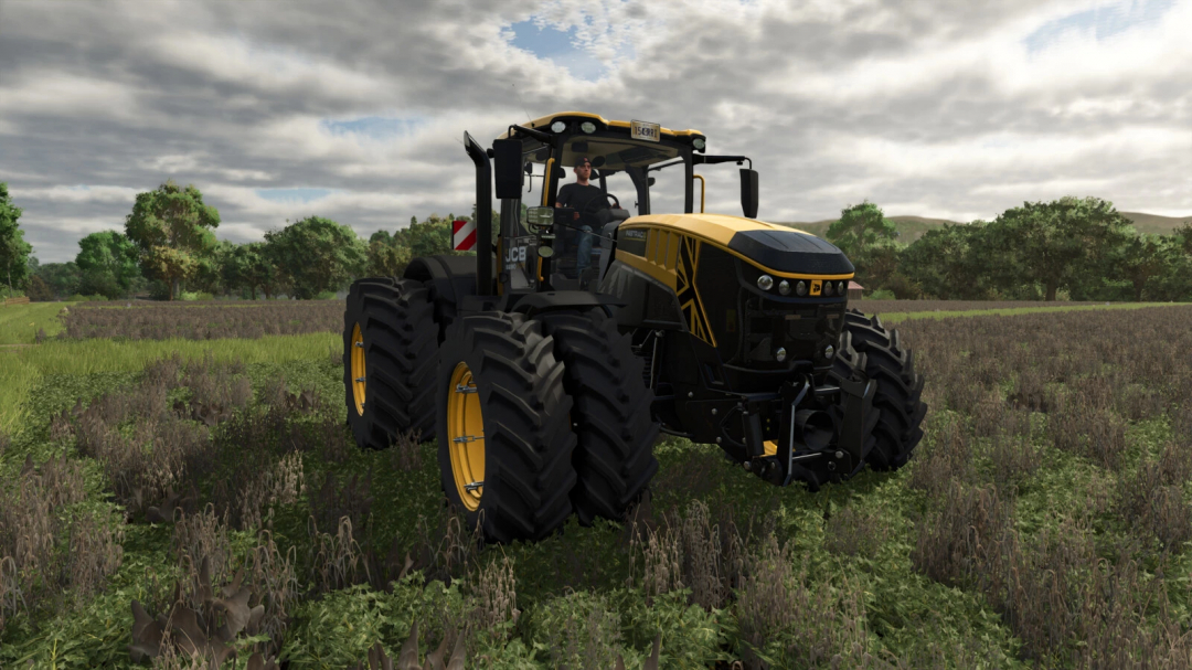 Farming Simulator 25 mods: JCB Fastrac 8000 ICON v1.1.0.0 tractor in a field with a farmer driver, under a cloudy sky.