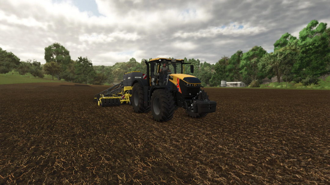 Farming Simulator 25 mod: JCB Fastrac 8000 ICON v1.1.0.0 working on a plowed field with a tractor and seed drill in Farming Simulator 25.