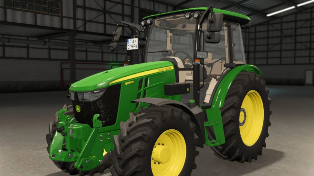 John Deere 5M Series tractor mod for Farming Simulator 25, featuring green and yellow design, realistic details, and versatile farming capabilities.