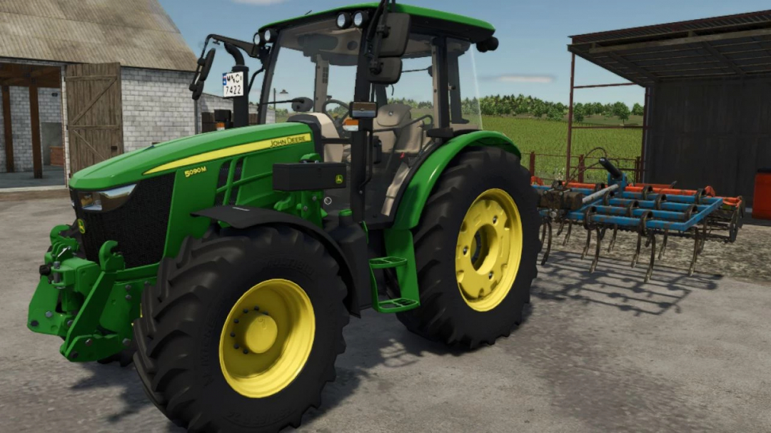 Farming Simulator 25 mod: John Deere 5M Series tractor with attached implement on a farm setting.