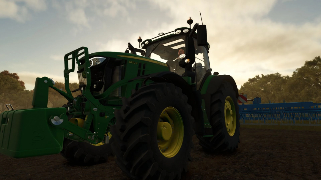 John Deere 6R tractor from FS25 mods on farmland during sunset, showcasing realistic Farming Simulator 25 mods.
