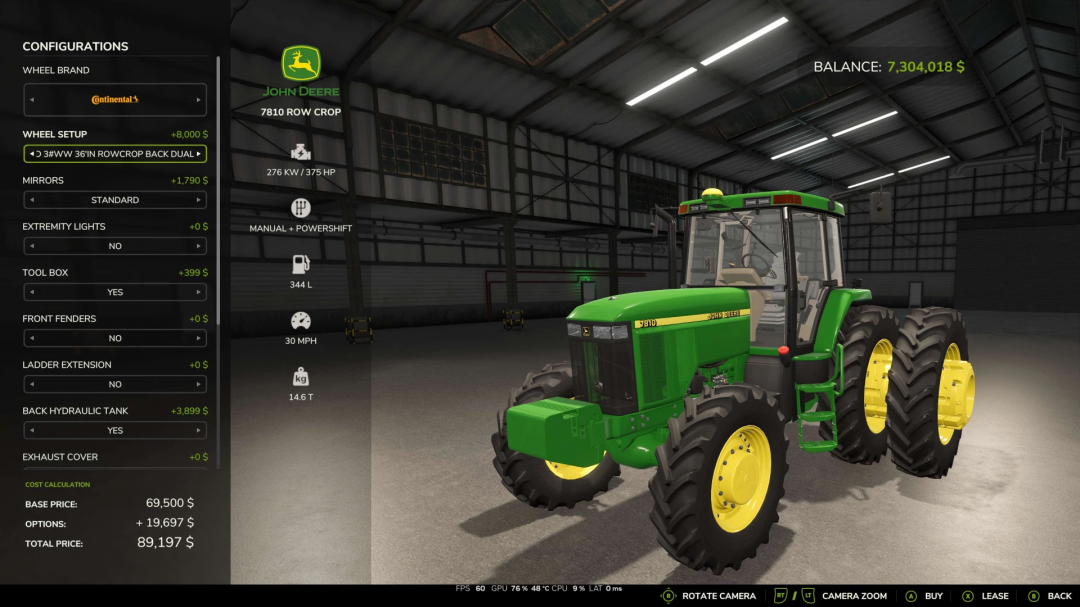 Farming Simulator 25 mod showing a green John Deere 7810 tractor with detailed configurations in an indoor storage facility.