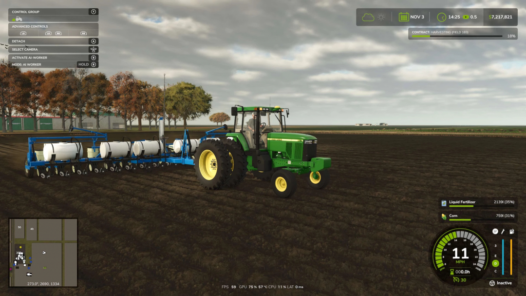 Farming Simulator 25 mod: John Deere 7810 tractor with a seed planter attachment on a plowed field, showing in-game interface and controls.