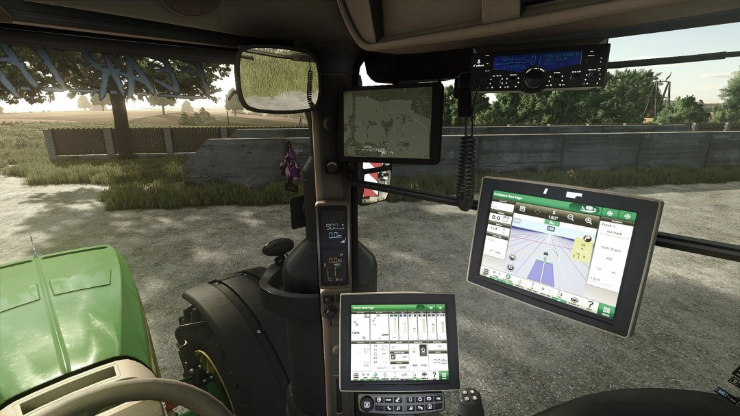 Inside view of a tractor cab from Farming Simulator 25 with multiple digital screens and control panels, part of a FS25 mod featuring John Deere 8R series.