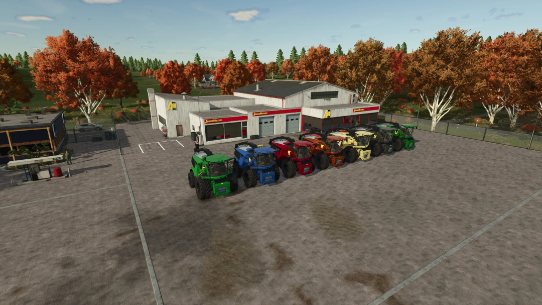 Farming Simulator 25 mods featuring colorful John Deere 9000 Series tractors parked outside equipment shop.