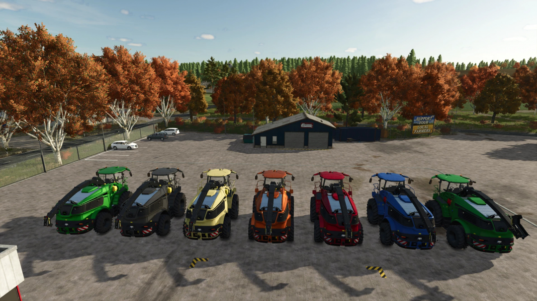 Farming Simulator 25 mods: John Deere 9000 Series tractors in various colors parked in an outdoor lot with autumn trees in the background.
