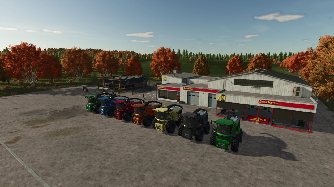 Farming Simulator 25 mods, John Deere 9000 Series tractors parked outside Armand Moteurs dealership with autumn trees in the background.