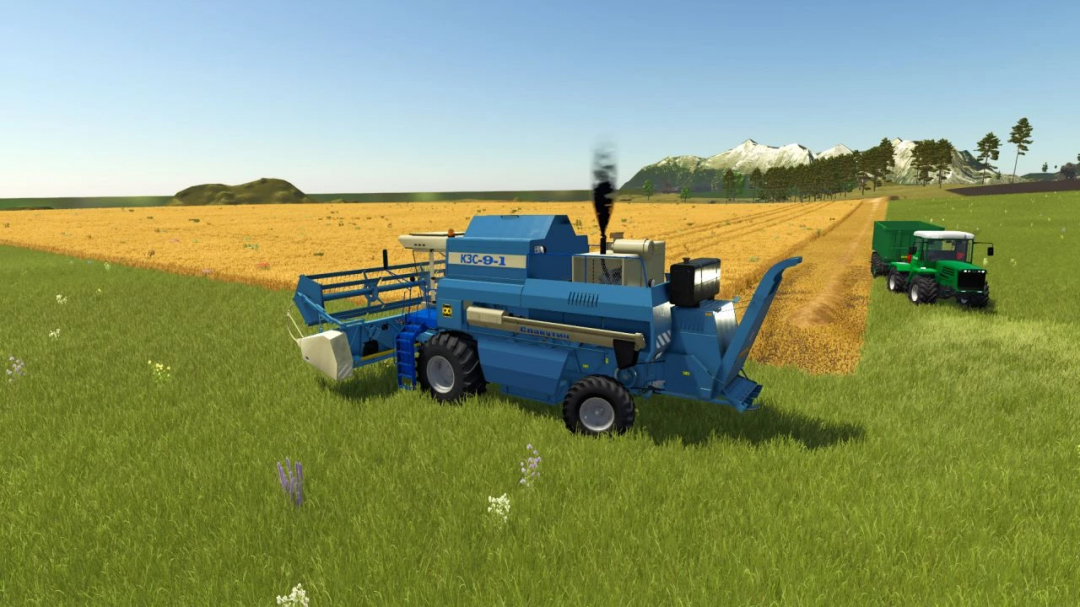 FS25 mod K3C-9-1 Slavutych harvesting machine in a green field with mountains in the background.