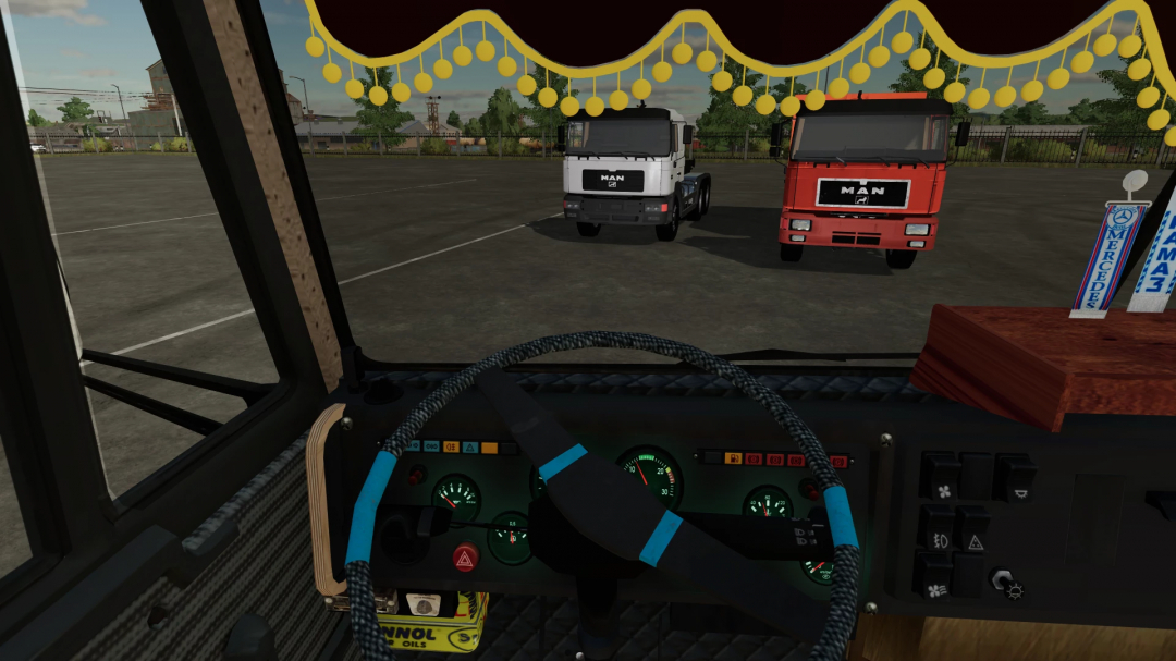 Inside view of a Farming Simulator 22 mod featuring a KamAZ 5511 truck from the driver's perspective in the parking lot.