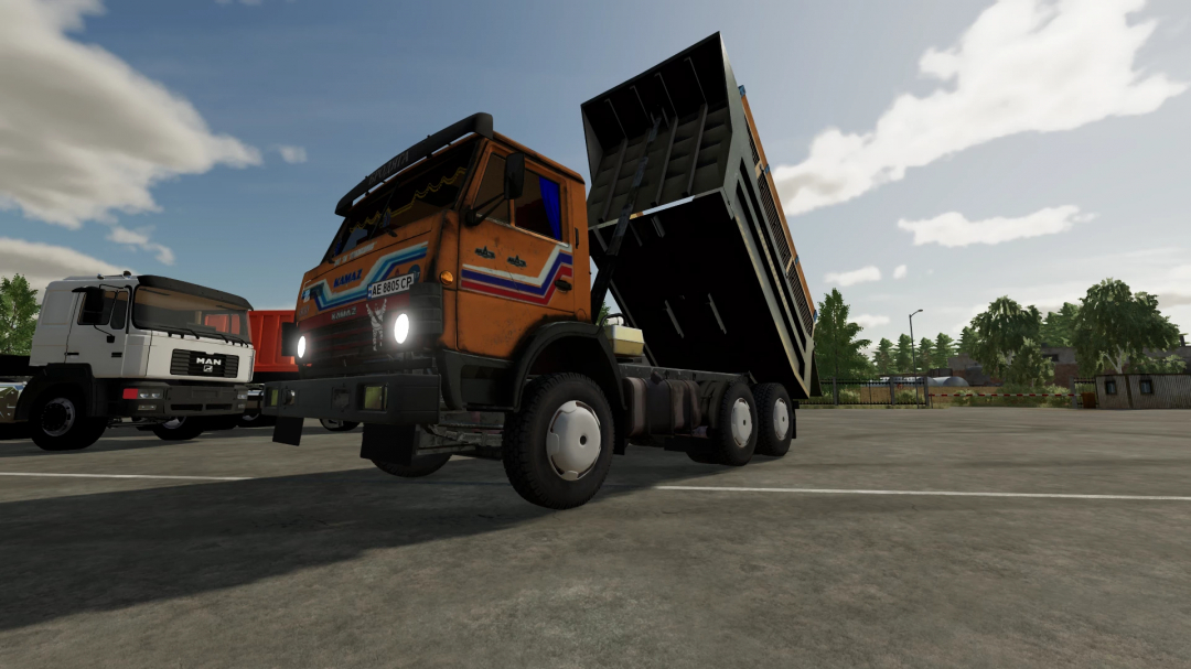 Farming Simulator 22 mod featuring a KamAZ 5511 dump truck with lifted bed, parked in a lot, part of FS22 mods collection.