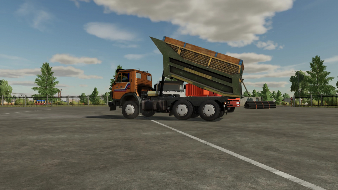 Farming Simulator 22 mod: KamAZ 5511 v1.0.0.0 truck with a raised dump bed, parked in a farm lot, part of FS22 mods collection.