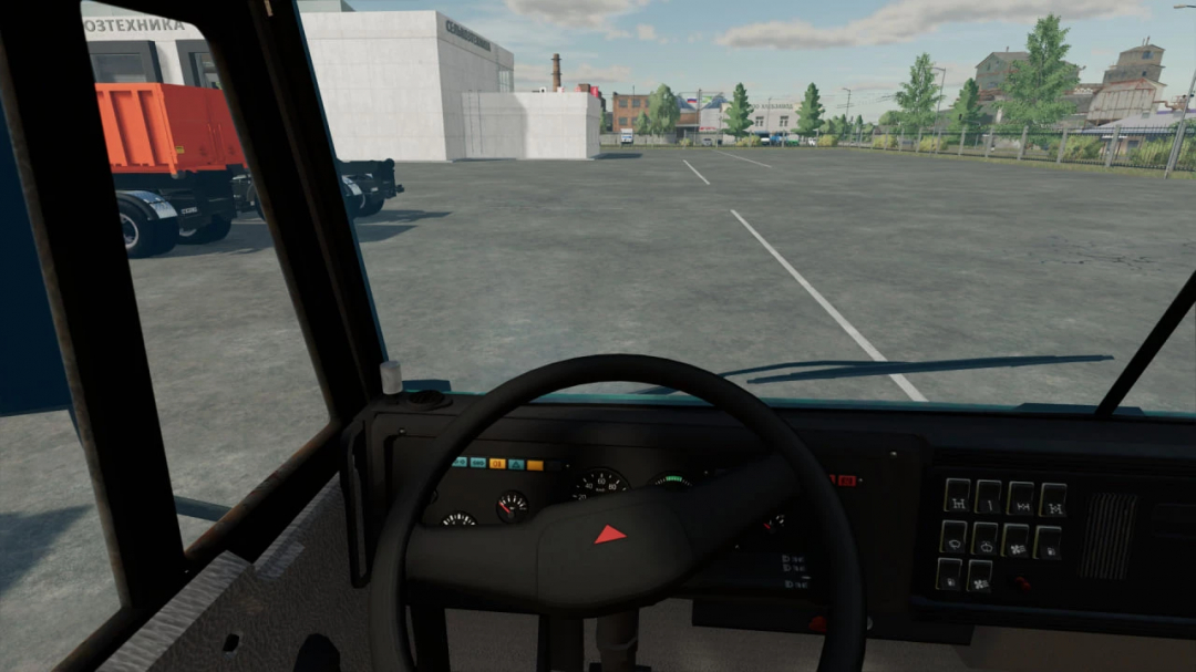 In-game view of the KamAZ 65115 truck from Farming Simulator 22 mods, showing the dashboard and parking lot.
