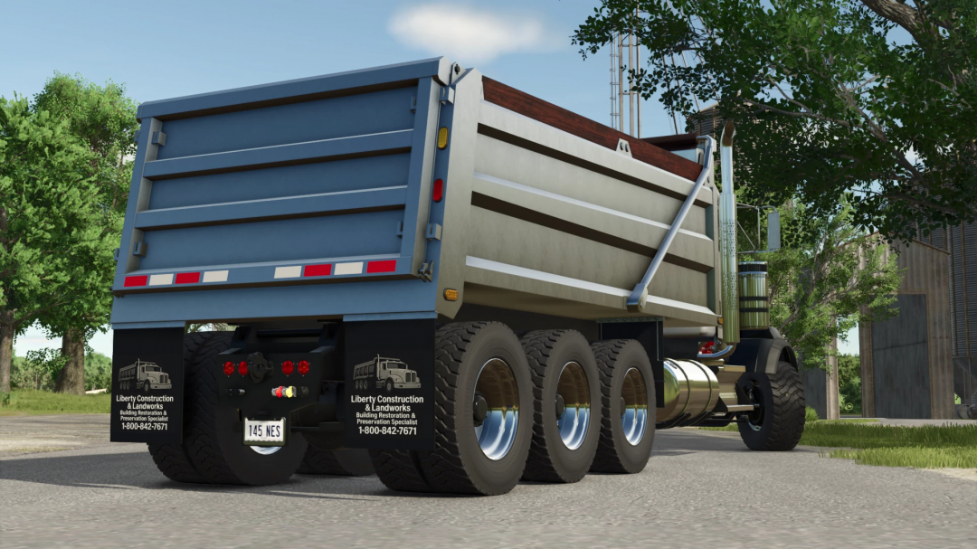 Farming Simulator 25 mod: Kenworth T800 Dumper v1.1.0.0 truck with large dump bed, detailed tires, and custom branding for farming and construction.
