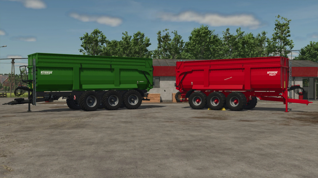 Farming Simulator 25 mod featuring Krampe Big Body 8/900 trailers in green and red for realistic farming equipment.