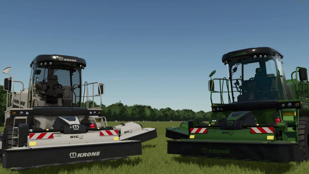 Farming Simulator 25 mods featuring two Krone Big M mowers on a grassy field under a clear blue sky.