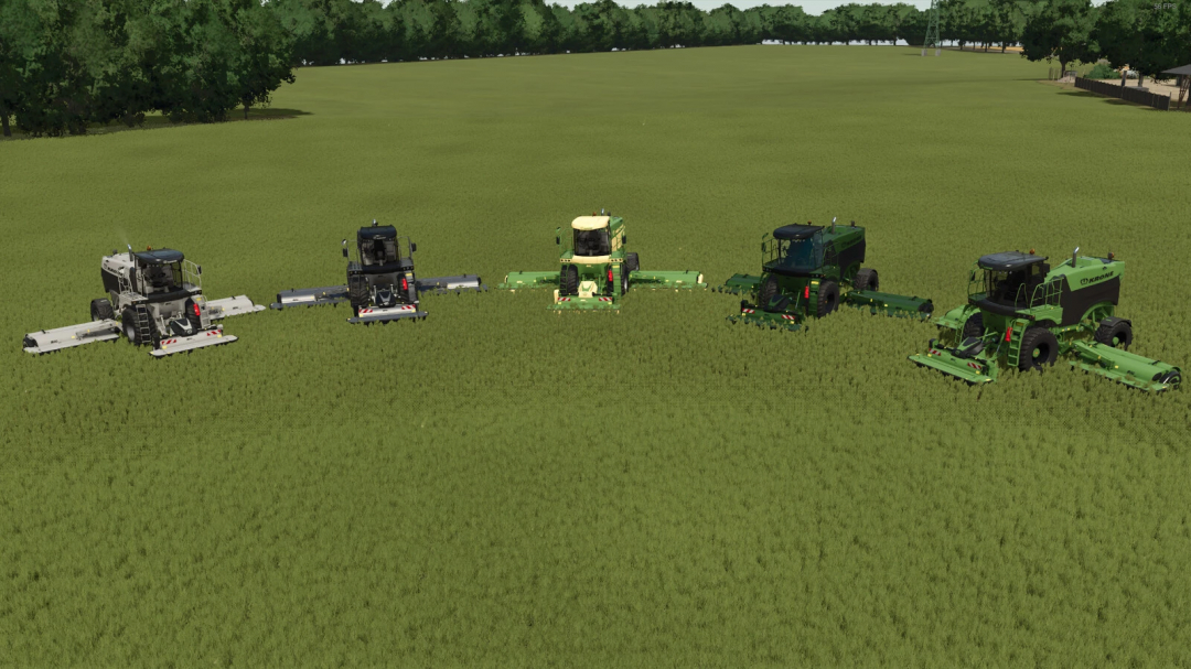 Lineup of different Krone BigM mowers in Farming Simulator 25, showcasing various models for farming mods.