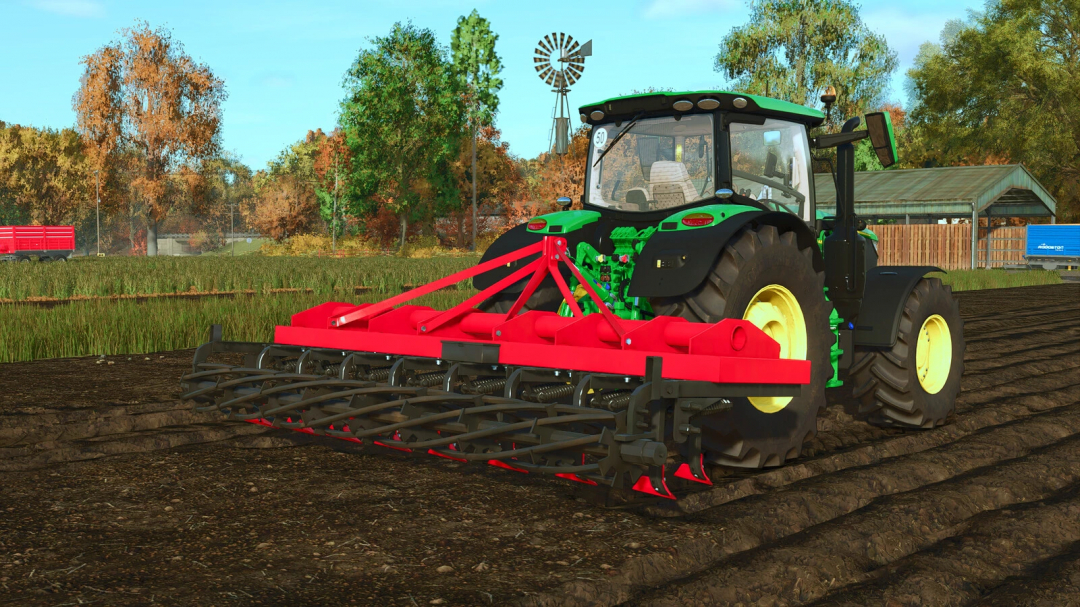 Farming Simulator 25 mod: Green tractor with red Lizard 15 Cultivator v1.0.0.0 working on plowed field, autumn background.