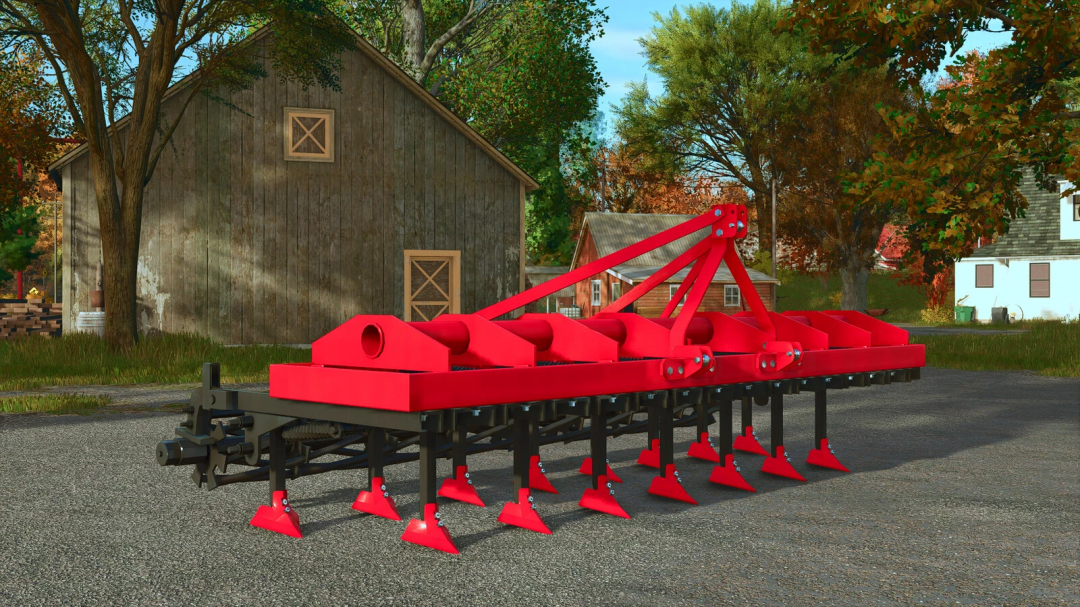 Farming Simulator 25 mod: Lizard 15 Cultivator v1.0.0.0, red cultivator for farming operations, shown outdoors near farm buildings.