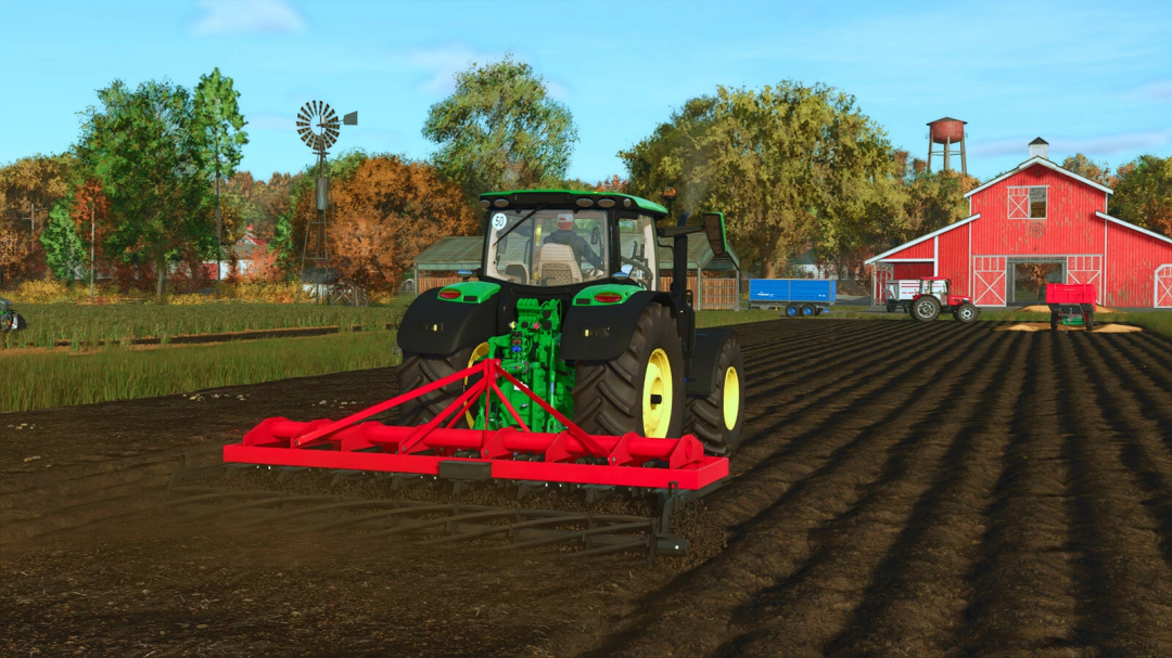 Farming Simulator 25 mod: Lizard 15 Cultivator v1.0.0.0 working on a farm field in FS25.