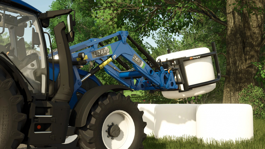 Farming Simulator 25 mod: Lizard 200 Series Frontloader attached to a tractor, with white implement in a woodland setting.