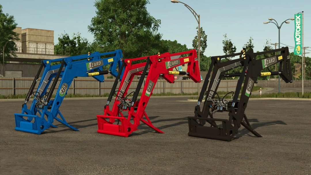 Three Lizard frontloaders for Farming Simulator 25 mods, in blue, red, and black, displayed outdoors on a farm yard.