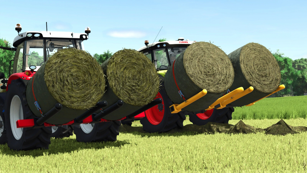 Farming Simulator 25 mod showcasing a tractor with a Lizard Fork v1.0.0.0 for hay bales, on a grassy field with trees in the background.