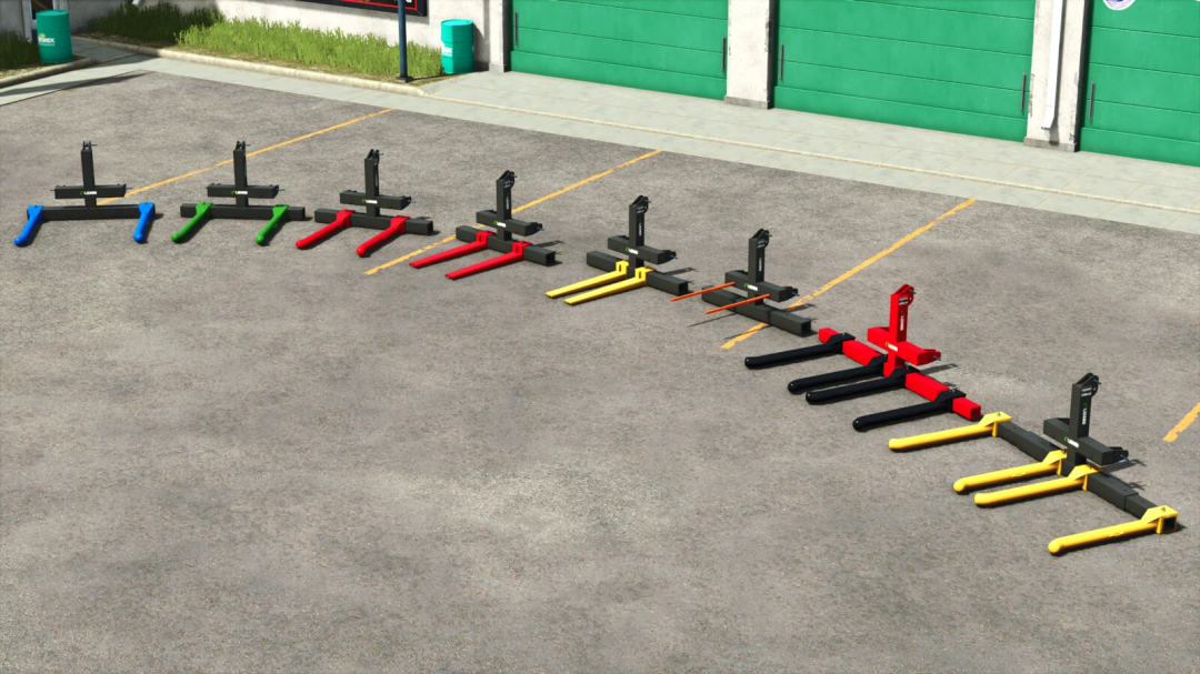 Colorful Lizard Forks mod for Farming Simulator 25, arranged in a row on a parking lot, used for equipment handling.