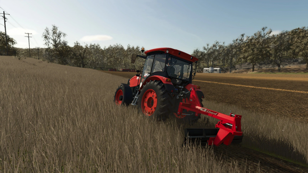 Farming Simulator 25 mod: Red tractor with Lizard LT Pack v1.0.0.0 mower attachment on a farmland field.