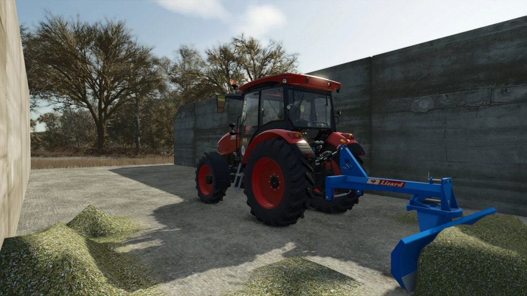 Farming Simulator 25 mod: Lizard LT Pack v1.0.0.0 featuring a red tractor with a blue Lizard implement, set in a farmyard.