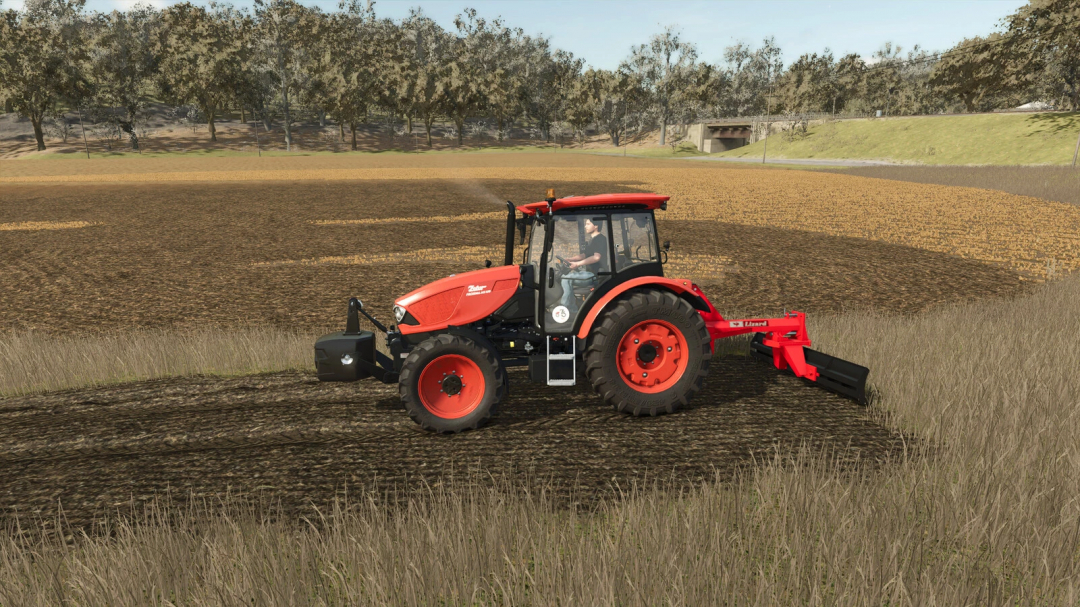 Farming Simulator 25 mod: Red tractor with Lizard LT Pack, plowing a field in a rural landscape for farming activities.