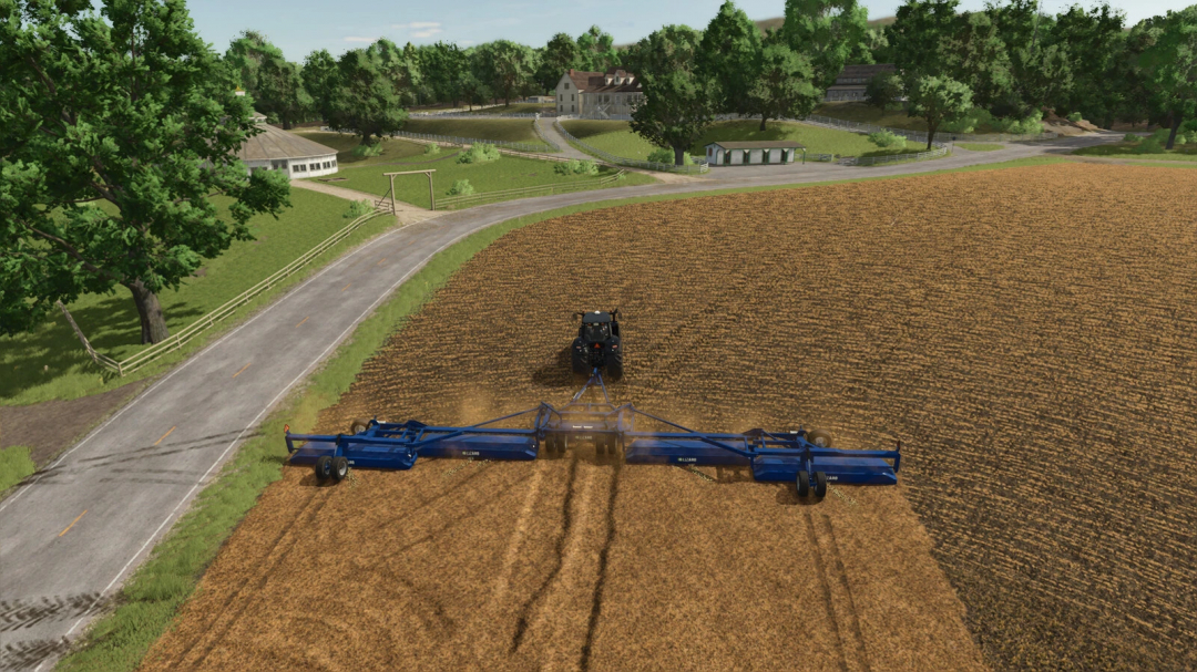 Farming Simulator 25 mod: A tractor attached to the Lizard Mega Mulcher Mower working on a large field, with a scenic farm background.