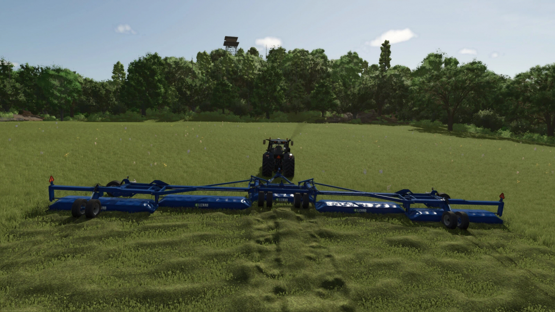 Farming Simulator 25 mods: Blue Lizard Mega Mulcher Mower being used to mow fields.