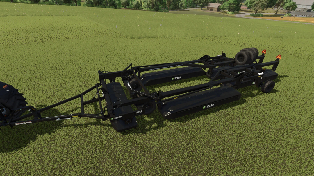 Farming Simulator 25 mods featuring the Lizard Mega Mulcher Mower v1.0.0.0 on a green field, showcasing its large black mulcher structure for farm clearing.