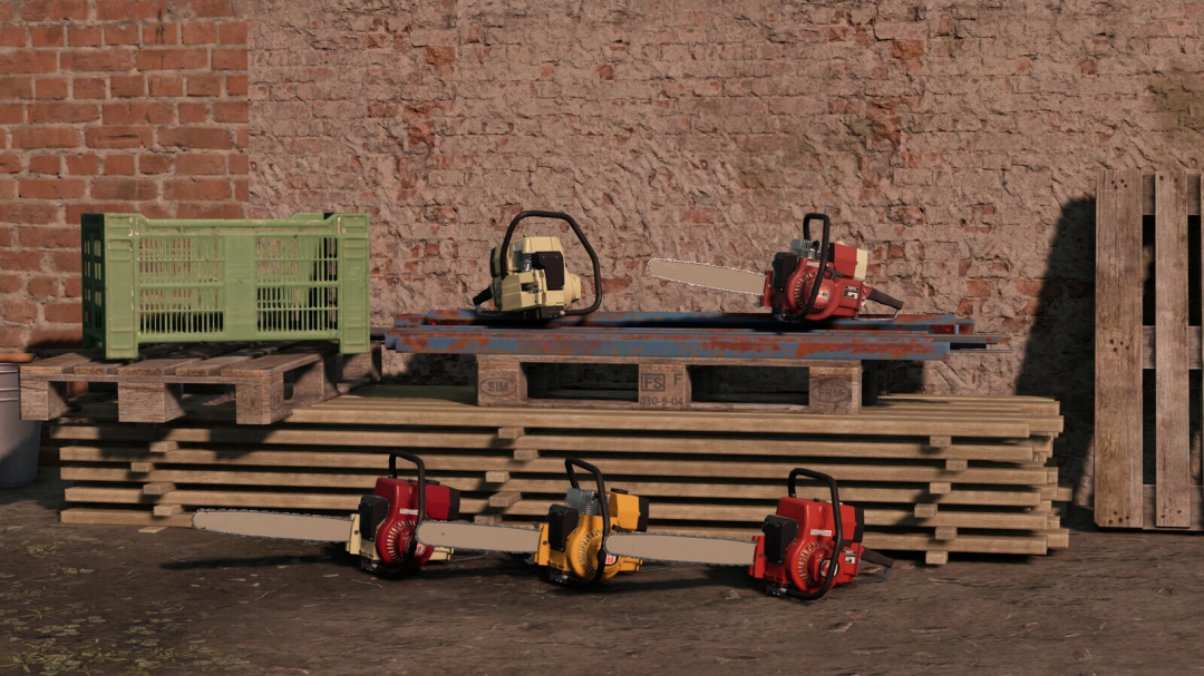 Farming Simulator 25 mods display with chainsaws, a crate, and wooden pallets against a brick wall, showcasing the Lizard PSx90 Pack v1.0.0.0.