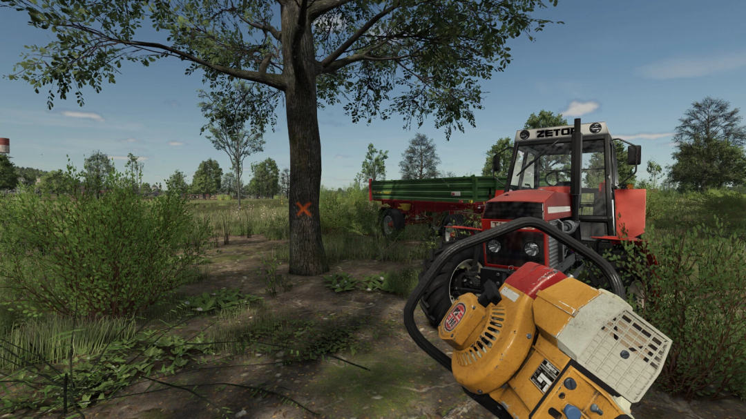 Farming Simulator 25 mod image showing a chainsaw in front of a tree marked with an orange 'X'.
