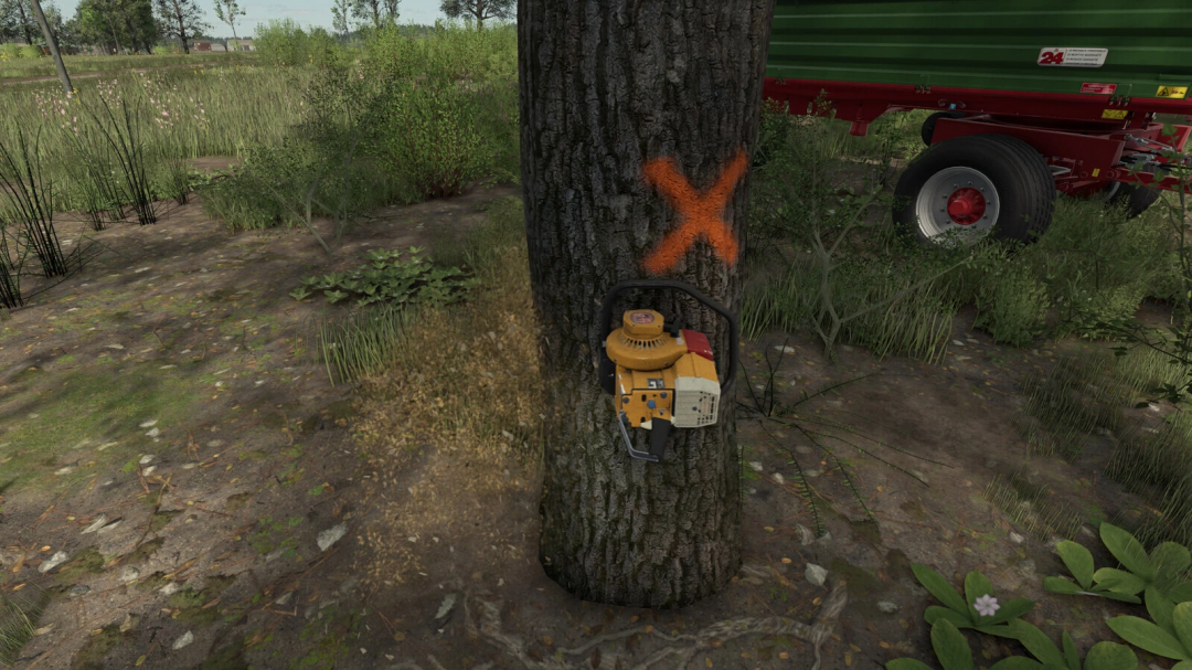 Farming Simulator 25 mod scene with a chainsaw cutting a tree marked with an orange X, part of the LS25 mods collection.