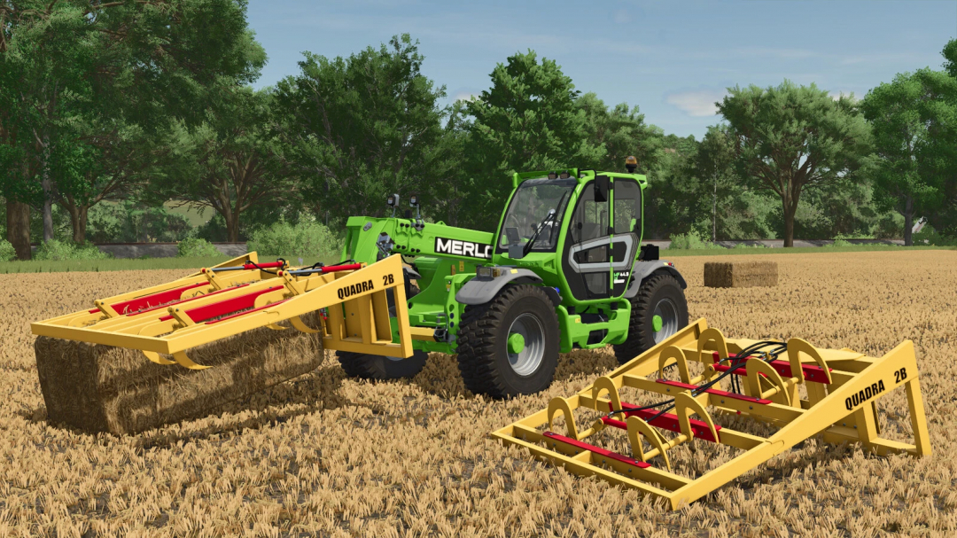 Farming Simulator 25 mod showcasing a Merlo telehandler with Quadra 2B attachments on a wheat field.